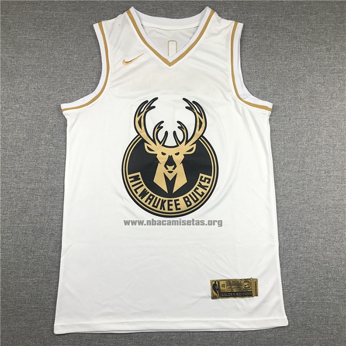 Camiseta Golden Edition Milwaukee Bucks Giannis Antetokounmpo NO 34 Blanco